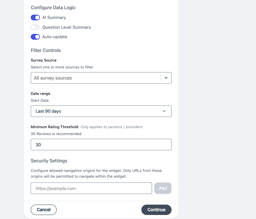 Configuration options showing AI Summary, Question-Level Summary, and Auto-update toggles