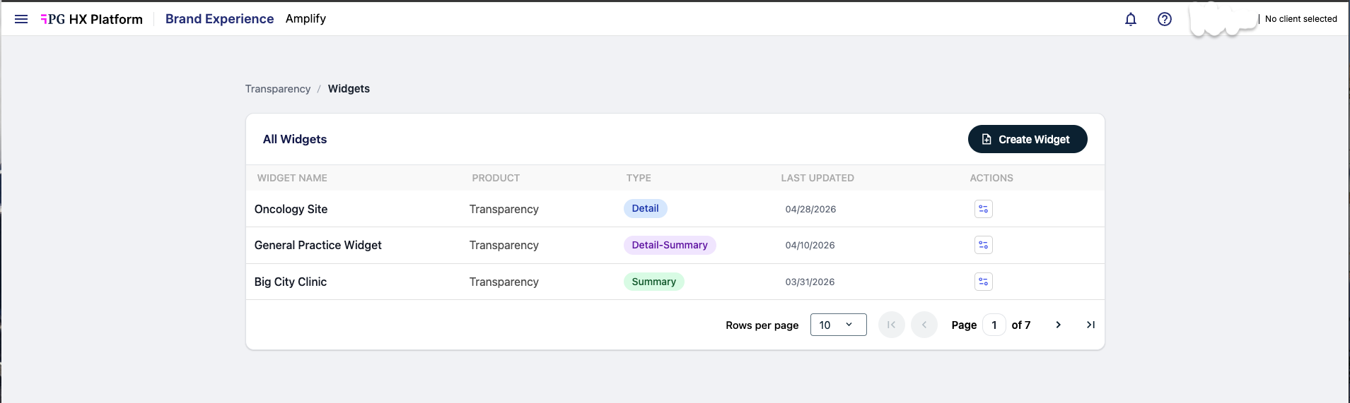 Amplify landing page in the BX Platform showing the Widgets list and Create Widget button