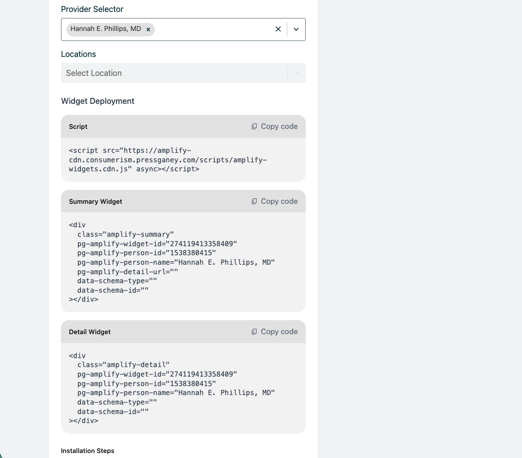 Publish step showing provider/location selector and the embed code output