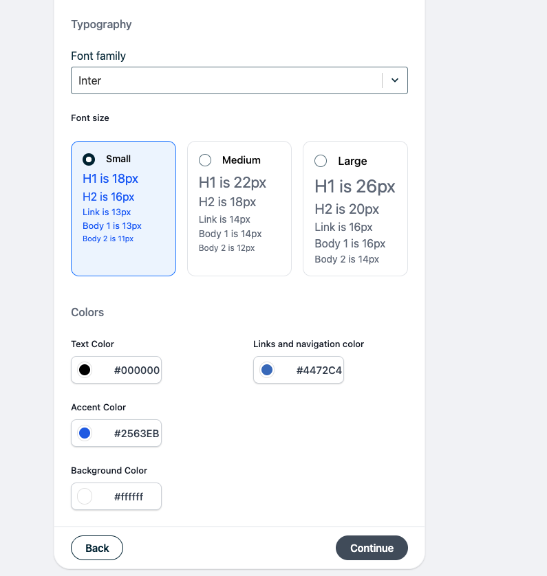 Style customization panel showing typography and color options with the live preview on the right